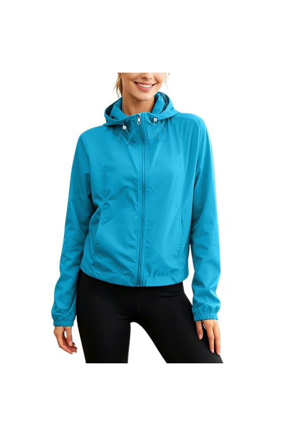 Women Cropped Lightweight Hooded Windbreaker Jacket, Packable Breathable Full Zip Sun Protection Outerwear for Spring Summer Outdoor Daily (BU1/L)
