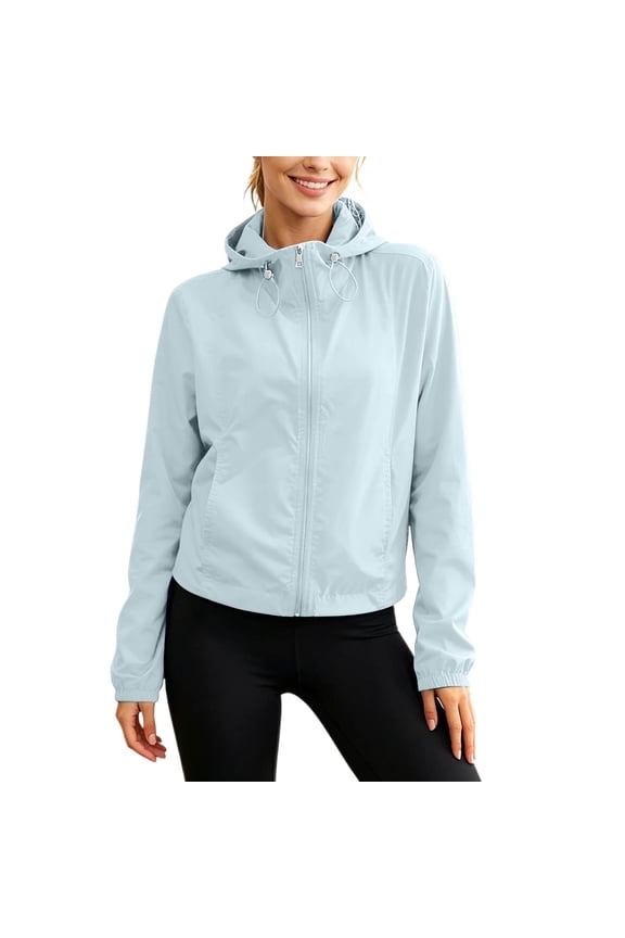 Women Cropped Lightweight Hooded Windbreaker Jacket, Packable Breathable Full Zip Sun Protection Outerwear for Spring Summer Outdoor Daily (BU2/S)