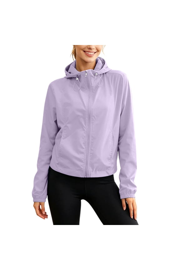 Women Cropped Lightweight Hooded Windbreaker Jacket, Packable Breathable Full Zip Sun Protection Outerwear for Spring Summer Outdoor Daily (Purple/S)