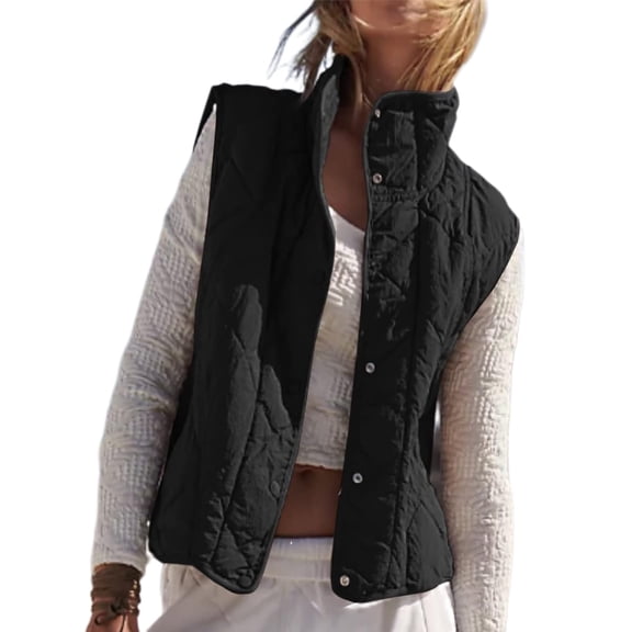 Women Cropped Lightweight Jacket Sleeveless Button Down Puffer Vest
