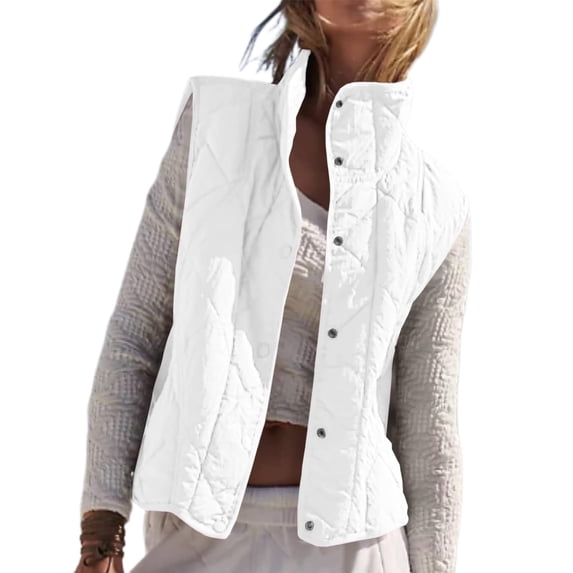 Women Cropped Lightweight Jacket Sleeveless Button Down Puffer Vest