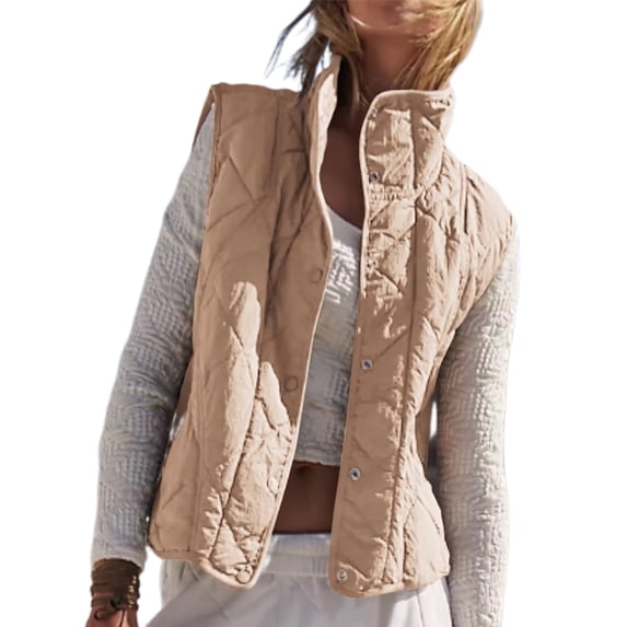 Women Cropped Lightweight Jacket Sleeveless Button Down Puffer Vest