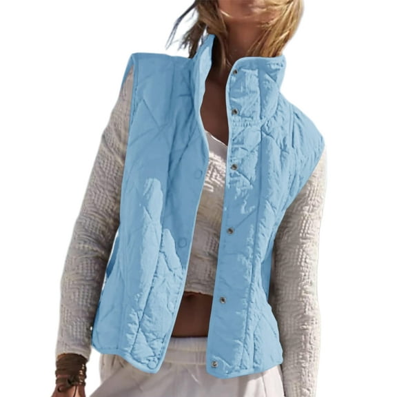 Women Cropped Lightweight Jacket Sleeveless Button Down Puffer Vest