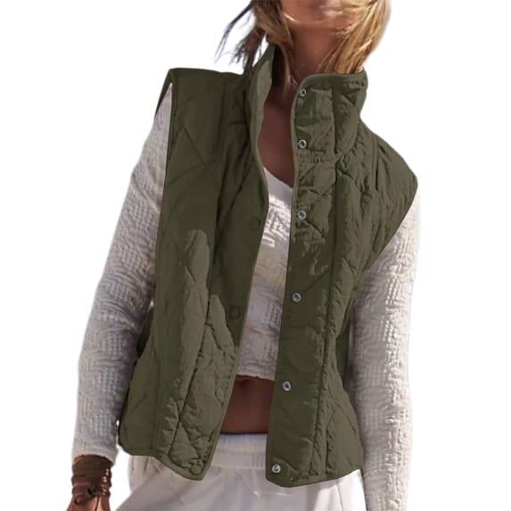 Women Cropped Lightweight Jacket Sleeveless Button Down Puffer Vest