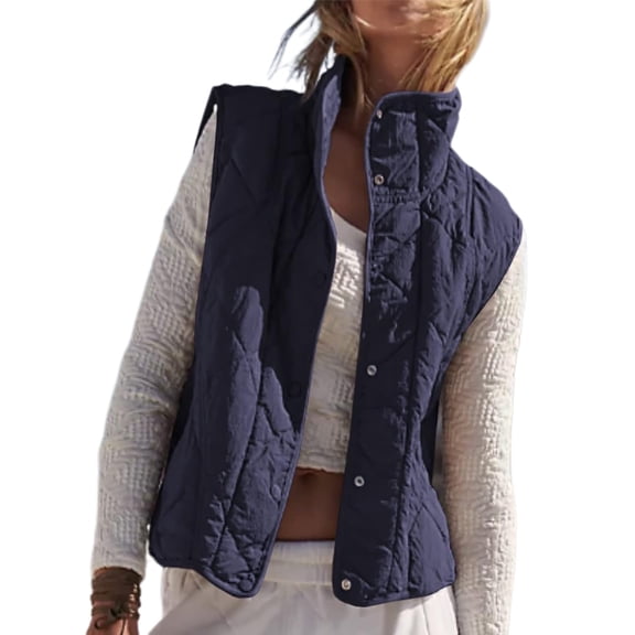 Women Cropped Lightweight Jacket Sleeveless Button Down Puffer Vest