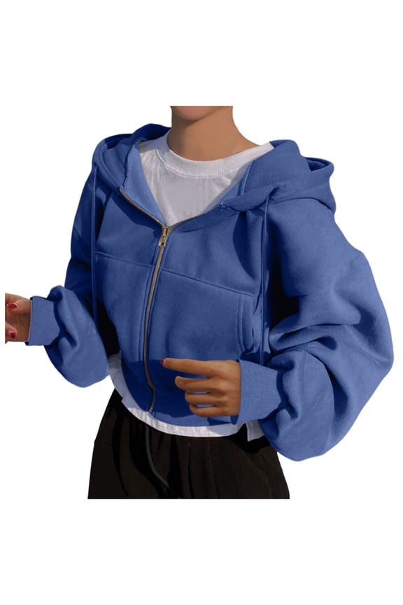 Women Cropped Oversized Zip-Up Hooded Sweatshirt – Long Sleeve Solid Loose Fit Hoodie with Pocket, Trendy Y2K Athletic Top for Teen Girls