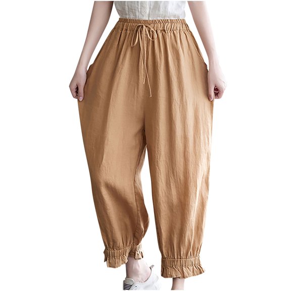 Women Cropped Pants Casual Loose Tie Elastic High Waist Knicker Trousers with Pocket Oversize Harem Leg Baggy Bottoms, Yellow, M