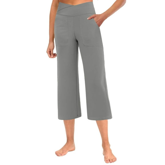 Women Cropped Pants Slimming Breathable Wide Leg Pull on Capris Tummy Control Cross Waisted Soft Work Gaucho Pants with Pockets Gray 2XL