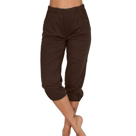 Women Cropped Pants Trendy Elastic Middle Waist Straight Leg Cuffed Pants Lightweight Soft Comfy Casual Loose Capri Length Biker Sweatpants for Spring Summer