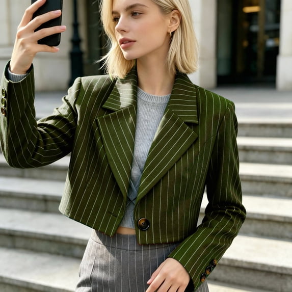 Women Cropped Pinstripe Blazer, Notched Lapel Single‑Button Long Sleeve Open Front Short Suit Jacket(Army Green,L)
