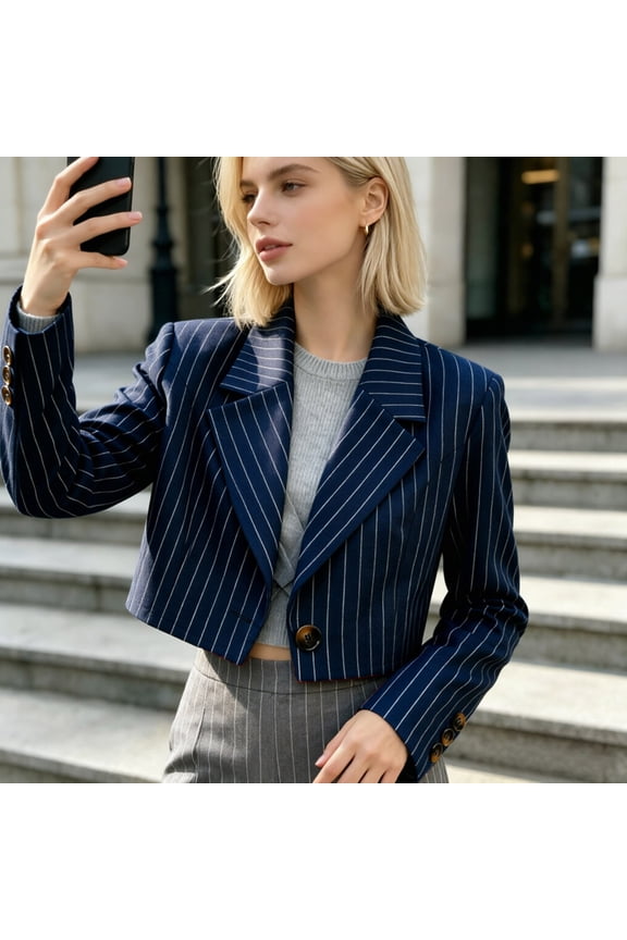 Women Cropped Pinstripe Blazer, Notched Lapel Single‑Button Long Sleeve Open Front Short Suit Jacket(Navy,XL)