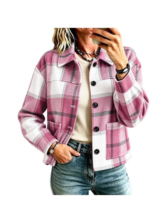 Women Cropped Plaid Jacket Button Front Lapel Casual Short Coat with Pockets for Fall Streetwear S