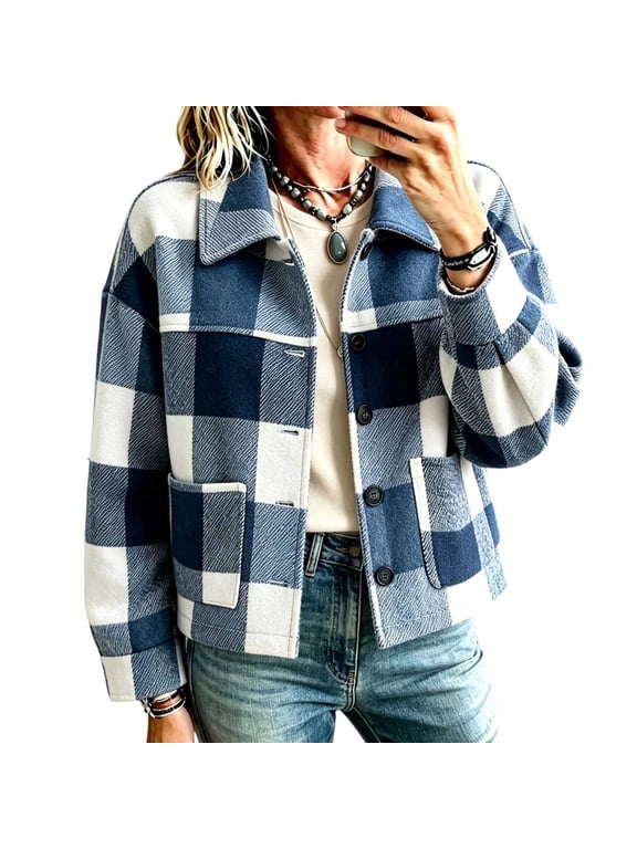 Women Cropped Plaid Shacket Flannel Button Front Lapel Casual Short Coat with Pockets for Fall Winter Streetwear Blue XL