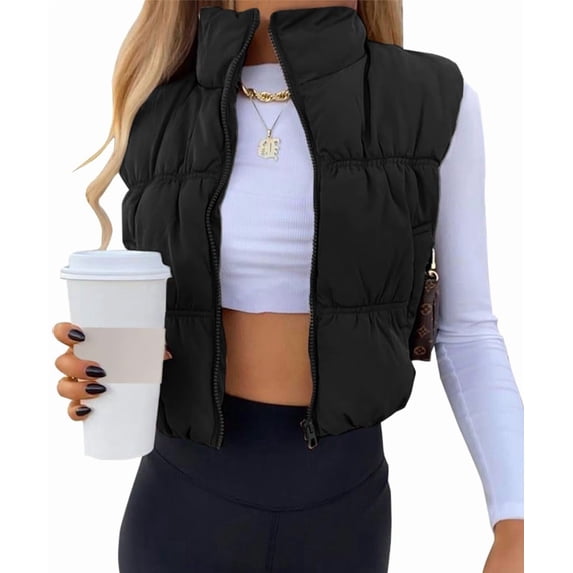Women Cropped Puffer Vest Stand Collar Sleeveless Zip Up Padded Gilet Outerwear