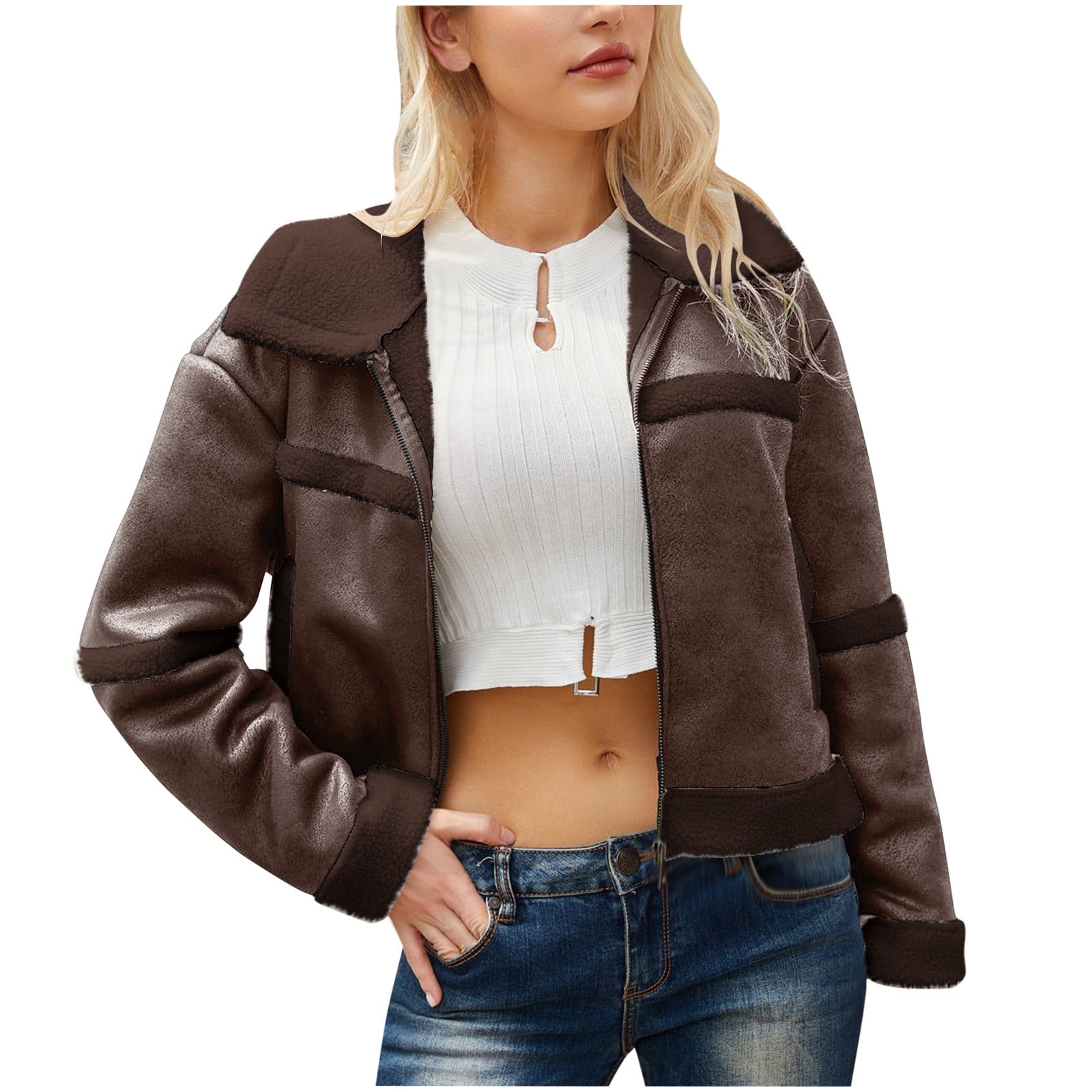 Women Cropped Sherpa Moto Jacket Lapel Faux Leather Coat Fleece Lining Aviator Bomber Jacket Leather Jacket Women Zip Up Faux Leather Jacket Y2k Jacket
