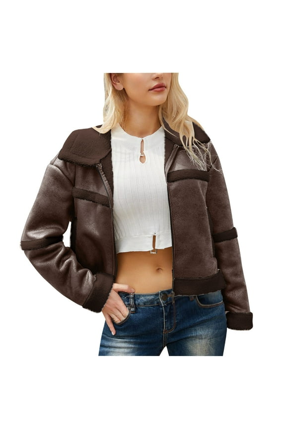 Women Cropped Sherpa Moto Jacket Lapel Faux Leather Coat Fleece Lining Aviator Bomber Jacket Leather Jacket Women Zip Up Faux Leather Jacket Y2k Jacket