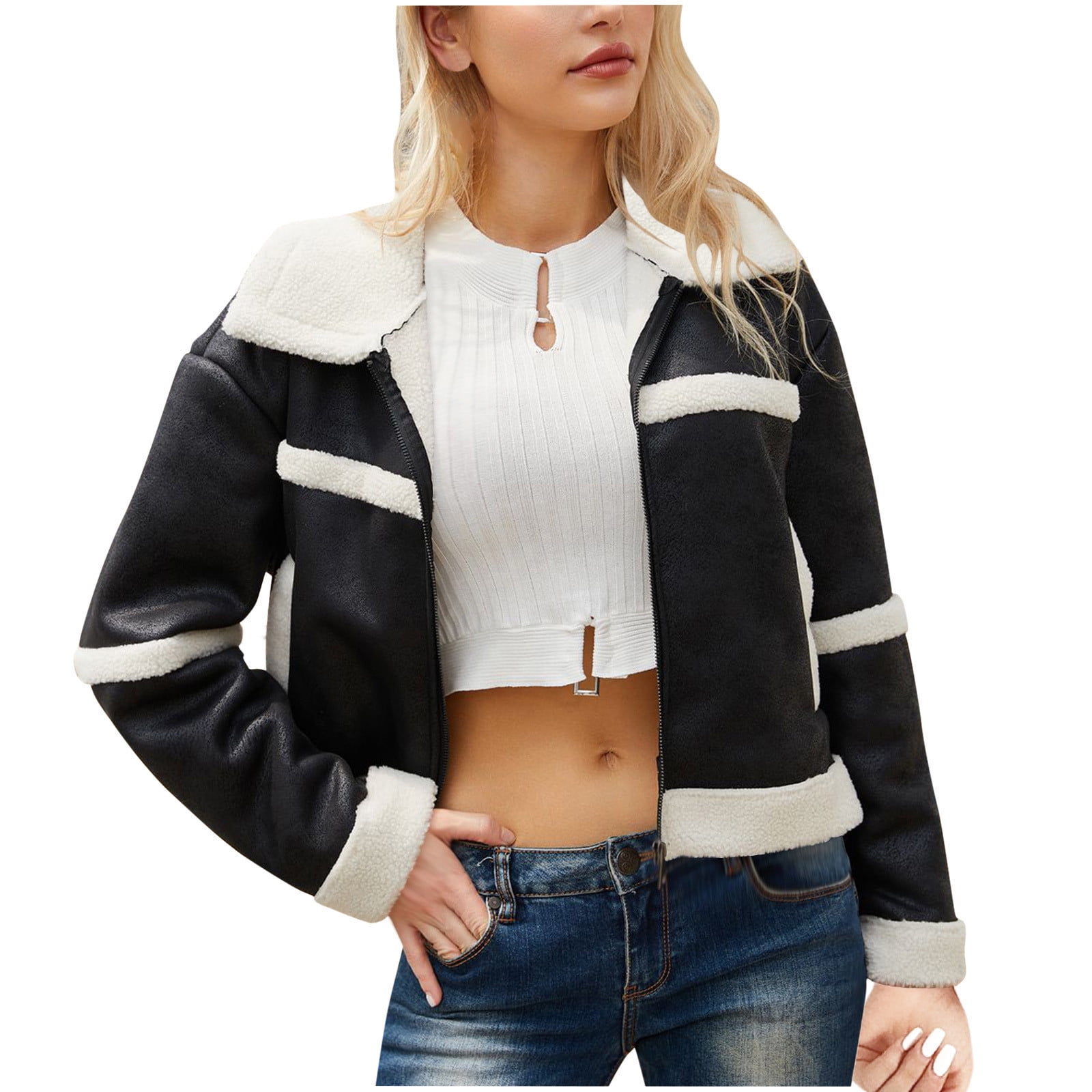 Women Cropped Sherpa Moto Jacket Lapel Faux Leather Coat Women Cropped Sherpa Moto Jacket Lapel Faux Leather Coat