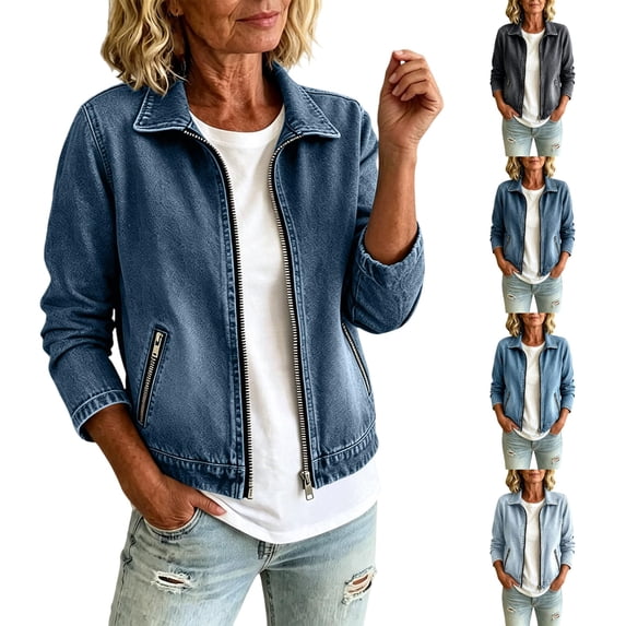 Women Cropped Stretch Jean Jacket Collared Zip Up Pullover Sweatshirt Lightweight Denim Cardigan with Zipper Pockets Dark Blue L