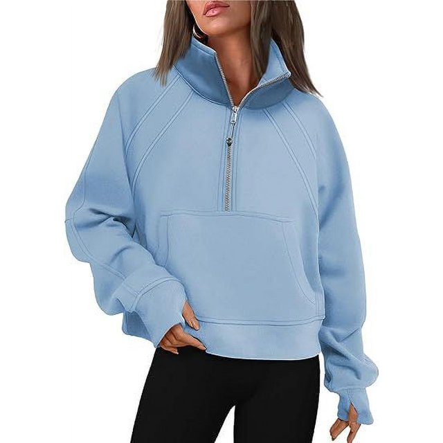 Women Cropped Sweatshirt Half Zip Pullover Fleece Lined Hoodies Long