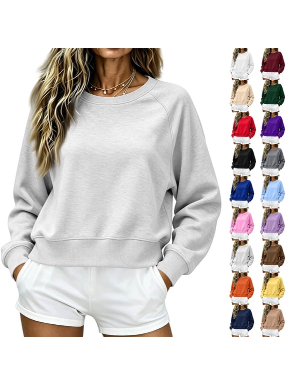 Women Cropped Sweatshirts Crew Neck Sweatshirt Raglan Long Sleeve Pullover Rib Cuff Side Pocket Fall Tops, S