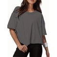 thumbnail image 1 of Women Cropped T-Shirts Drop Shoulder Round Neck Crop Tops Casual Summer Solid Color Basic Tees, 1 of 4