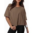 thumbnail image 1 of Women Cropped T-Shirts Drop Shoulder Round Neck Crop Tops Casual Summer Solid Color Basic Tees, 1 of 4