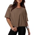 thumbnail image 1 of Women Cropped T-Shirts Drop Shoulder Round Neck Crop Tops Casual Summer Solid Color Basic Tees, 1 of 4