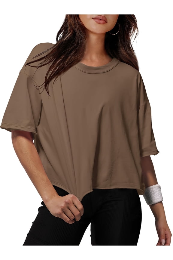 Women Cropped T-Shirts Drop Shoulder Round Neck Crop Tops Casual Summer Solid Color Basic Tees