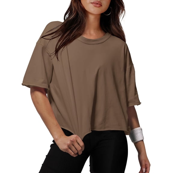 Women Cropped T-Shirts Drop Shoulder Round Neck Crop Tops Casual Summer Solid Color Basic Tees