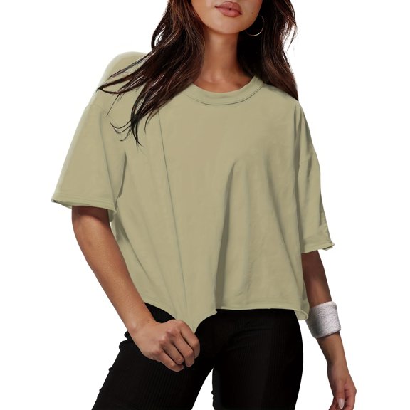 Women Cropped T-Shirts Drop Shoulder Round Neck Crop Tops Casual Summer Solid Color Basic Tees