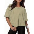thumbnail image 1 of Women Cropped T-Shirts Drop Shoulder Round Neck Crop Tops Casual Summer Solid Color Basic Tees, 1 of 4