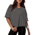 thumbnail image 1 of Women Cropped T-Shirts Drop Shoulder Round Neck Crop Tops Casual Summer Solid Color Basic Tees, 1 of 4
