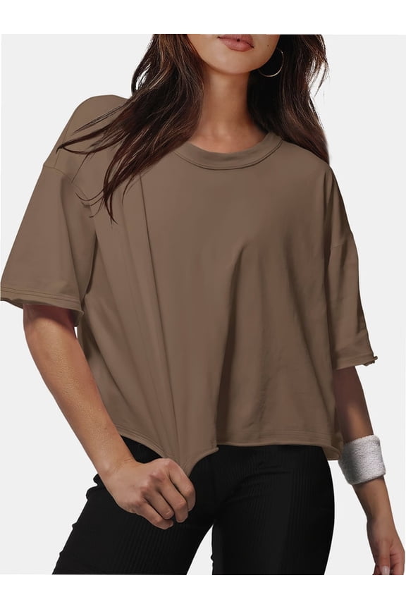 Women Cropped T-Shirts Drop Shoulder Round Neck Crop Tops Casual Summer Solid Color Basic Tees