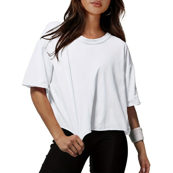 Women Cropped T-Shirts Drop Shoulder Round Neck Crop Tops Casual Summer Solid Color Basic Tees
