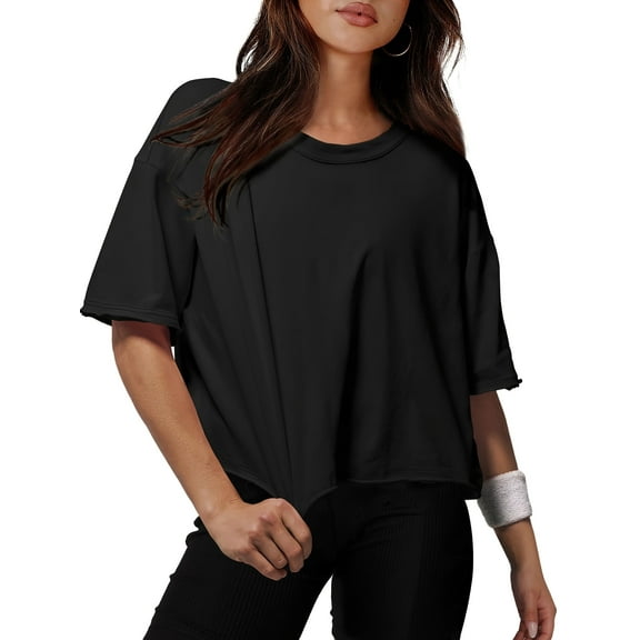 Women Cropped T-Shirts Drop Shoulder Round Neck Crop Tops Casual Summer Solid Color Basic Tees