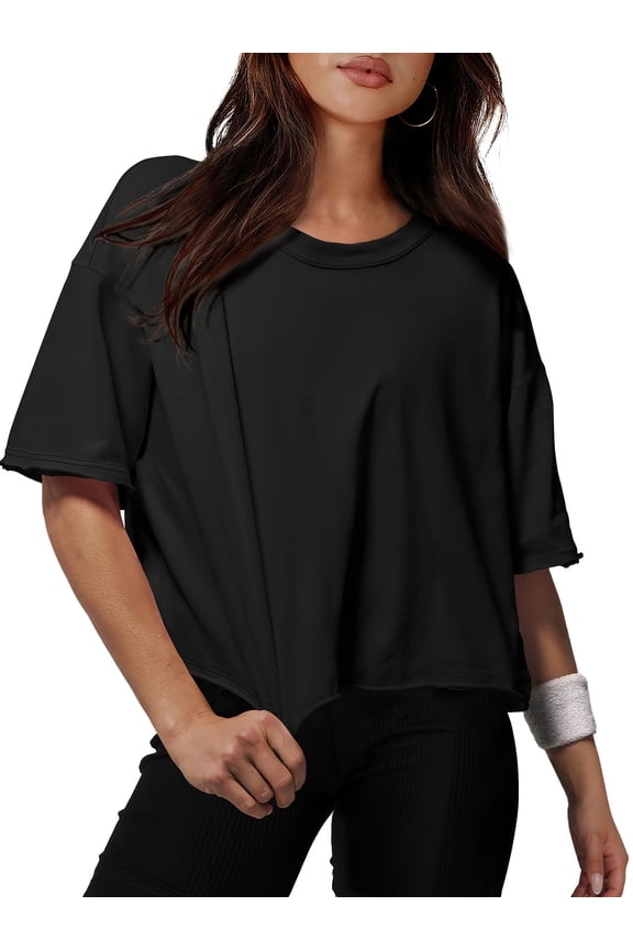 Women Cropped T-Shirts Drop Shoulder Round Neck Crop Tops Casual Summer Solid Color Basic Tees