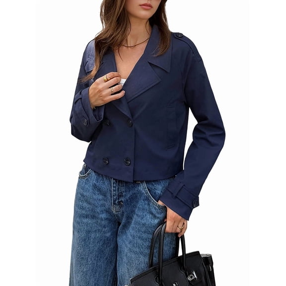 Women Cropped Trench Coat Casual Double Breasted Short Jacket Fall Fashion Outerwear with Belt Navy Blue M