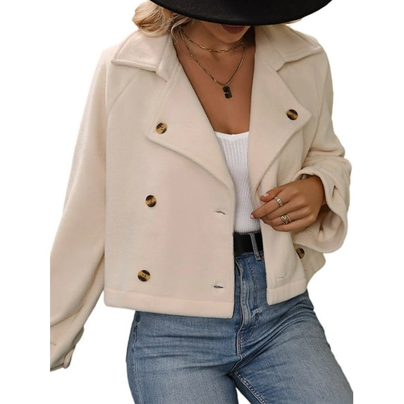 Women Cropped Trench Coat Double Breasted Long Sleeve Work Office Business Casual Fall Short Jackets Apricot L