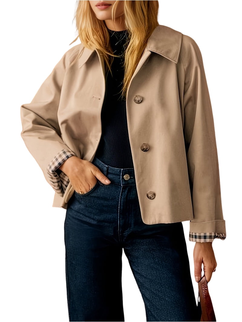 Women Cropped Trench Coat Light-Weight Single Breasted Jacket Fall