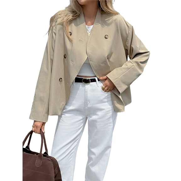 Women Cropped Trench Coat Oversized Double Breasted Lapel Long Sleeve Short Jacket Fashion Outerwear Color M