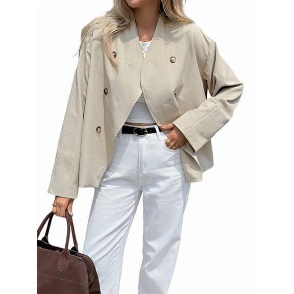 Women Cropped Trench Coat Oversized Double Breasted Lapel Long Sleeve Short Jacket Fashion Outerwear Khaki S