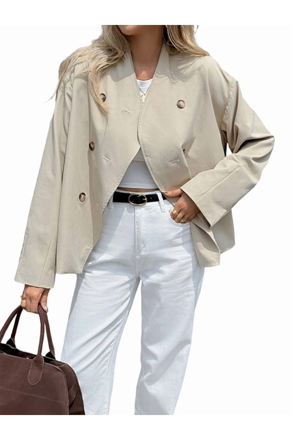 Women Cropped Trench Coat Oversized Double Breasted Lapel Long Sleeve Short Jacket Fashion Outerwear Khaki XL