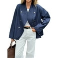 thumbnail image 1 of Women Cropped Trench Coat Oversized Double Breasted Lapel Long Sleeve Short Jacket Fashion Outerwear Navy Blue L, 1 of 7