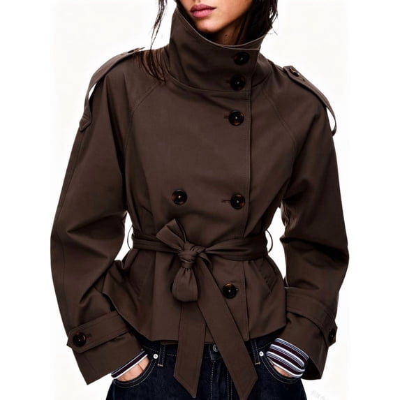 Women Cropped Trench Coat Stand Collar Double Breasted Belted Short Outer Jacket