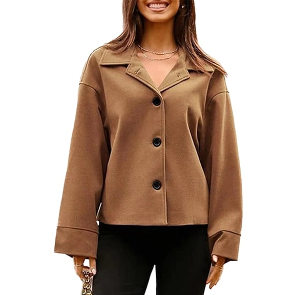 Women Cropped Trench Coat Wool Blend Pea Coat Casual Loose Long Sleeve Button Down Winter Outerwear Camel Color M
