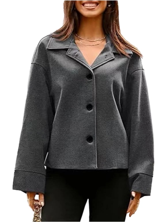 Women Cropped Trench Coat Wool Blend Pea Coat Short Jacket Casual Loose Long Sleeve Button Down Winter Outerwear Gray S