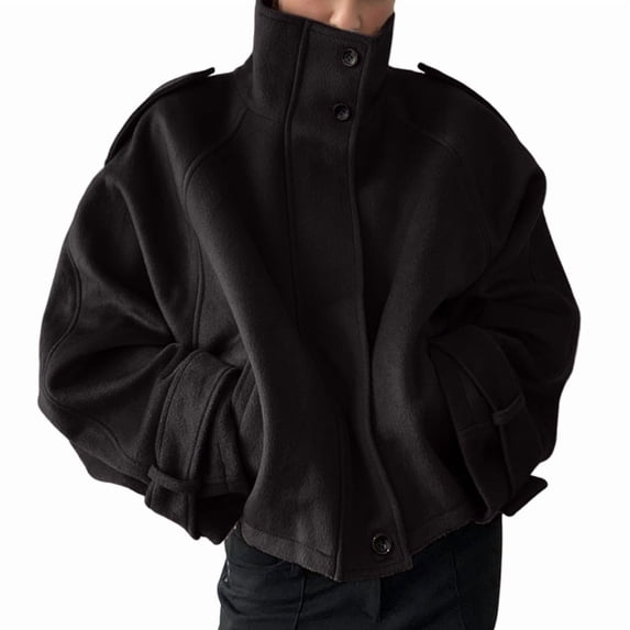 Women Cropped Trench Coat Zip Up Funnel Neck Short Jacket Oversized Wool Coats Fall Winter Casual Outfits Black L