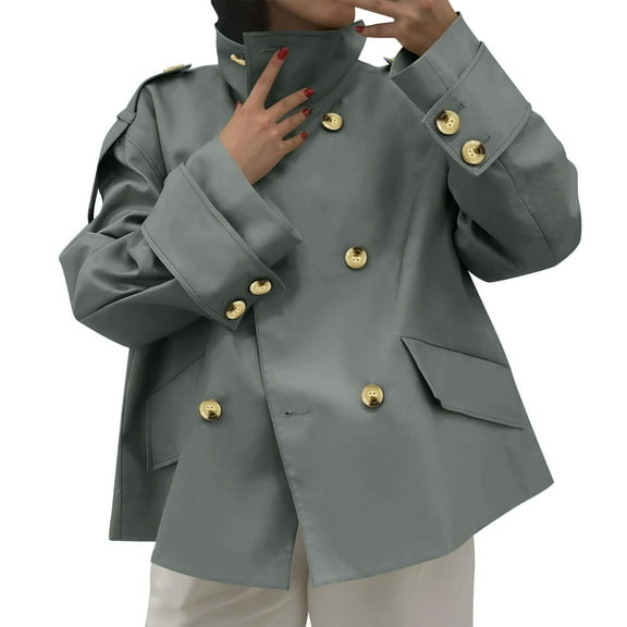 Women Cropped Trench Coats, Double Breasted Winter Coat, Notch Lapel Wool Jacket, Winter Thicken Topcoat Dressy Casual Outfits Office Vacation Tops