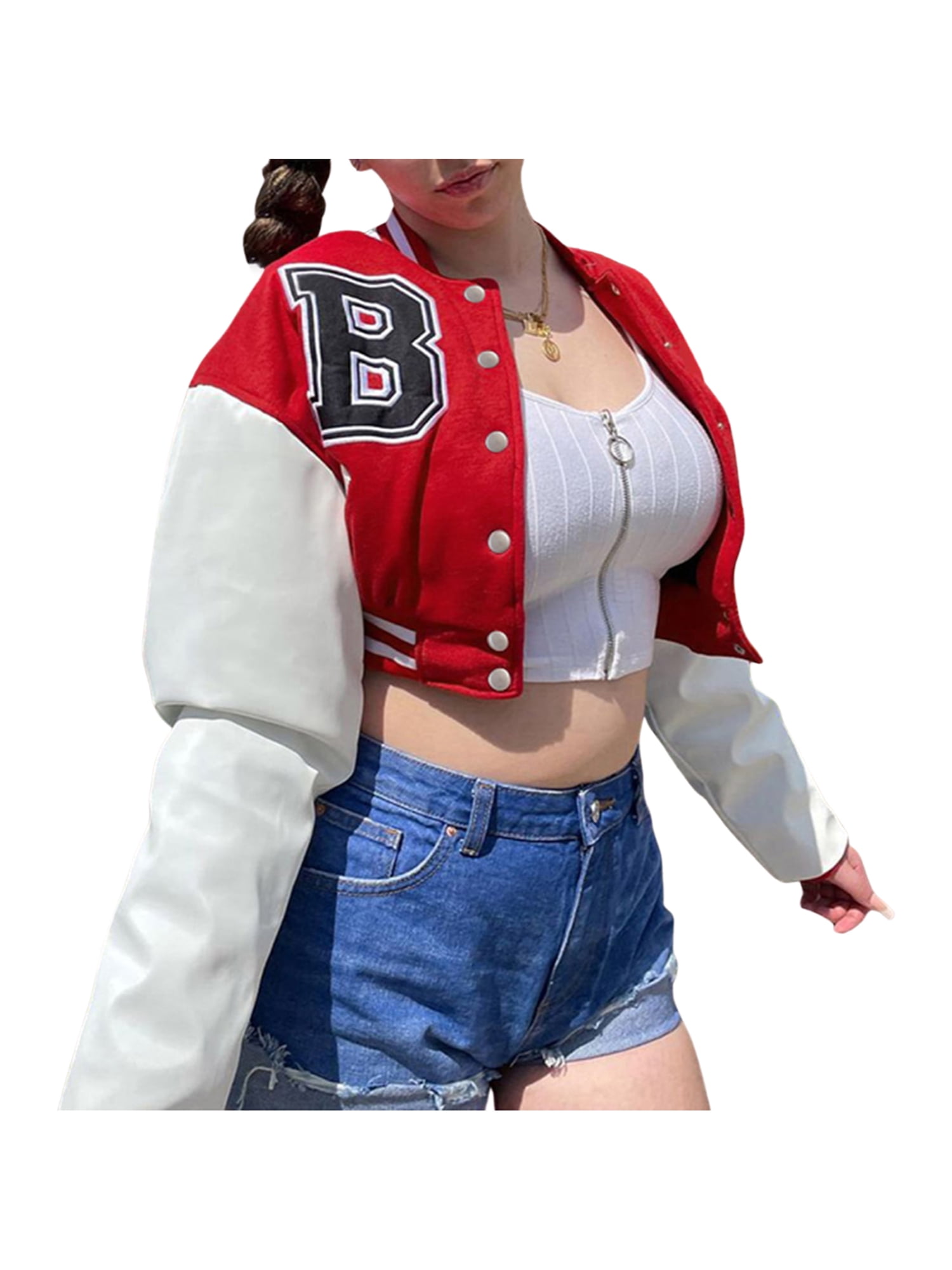 Women Cropped Varsity Jacket Colorblock Baseball Jacket Y2k Streetwear