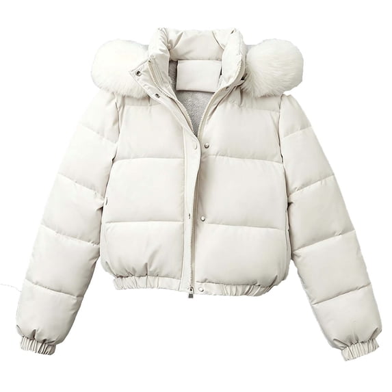 Women Cropped Winter Puffer Coat, Solid‑Color Fuzzy‑Lined Quilted Hooded Zip‑Snap Casual Outerwear With Side Pockets for Cold Weather Travel